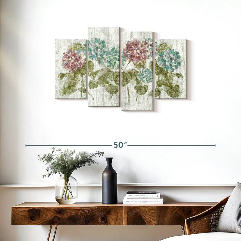 Harnek, rangée vibrante d'hortensias sur bois, H 22 po x l 36 po