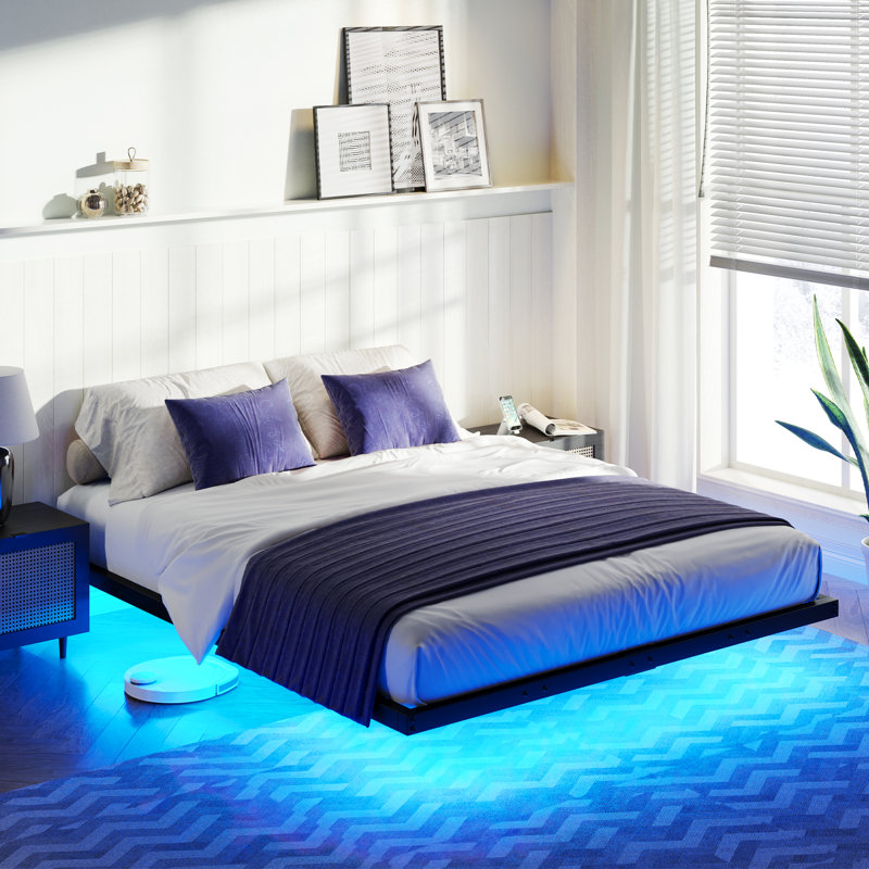 Canealus 9.1'' Floating Metal Bed Frame with LED Lights, Queen, Black