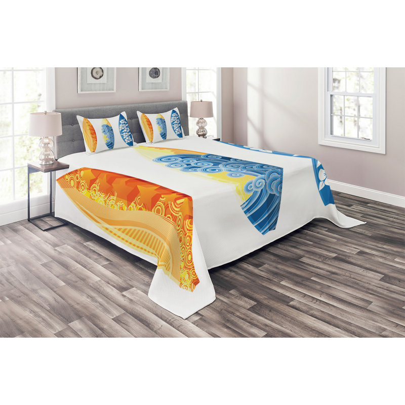 King White Quilted Bedspread Set with Surf Design