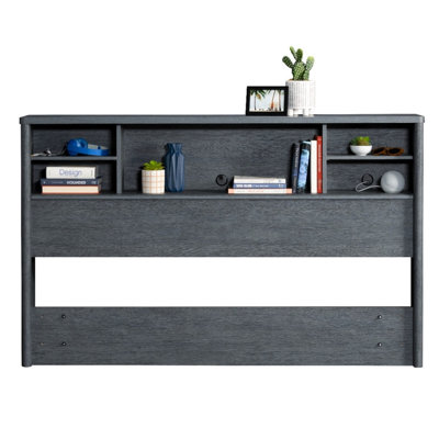 Tête de lit bibliothèque chaude / double pour lit double, finition denim et brun, tablettes de rangement pour la chambre à coucher