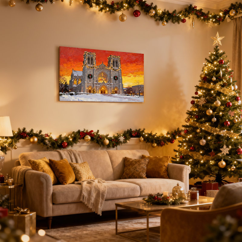 Cathédrale de Noël au coucher du soleil avec décorations de Noël, ensemble de 3 impressions sur toile, H 20 po x l 30 po