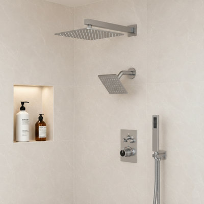 Wall Mount 12" High-Pressure Rainfall Shower Faucet, Dual Rainfall Shower Head System with Thermostatic Valve
