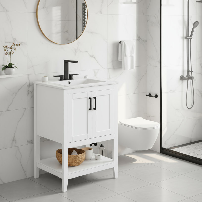 Ce meuble-lavabo moderne blanc comprend un lavabo rectangulaire en céramique avec deux portes et une tablette ouverte, alliant fonctionnalité et esthétique.