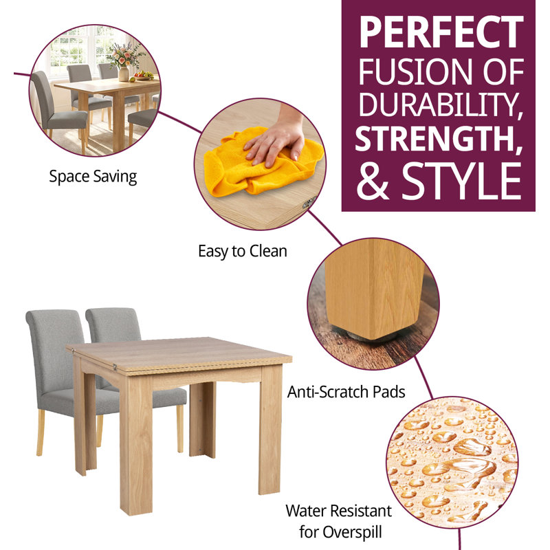 Newquay Oak Flip Top Extending Table With Oak Chair With Steel Grey Fabric Roll Top Chairs, 7 Pieces: Table, 6 Chairs