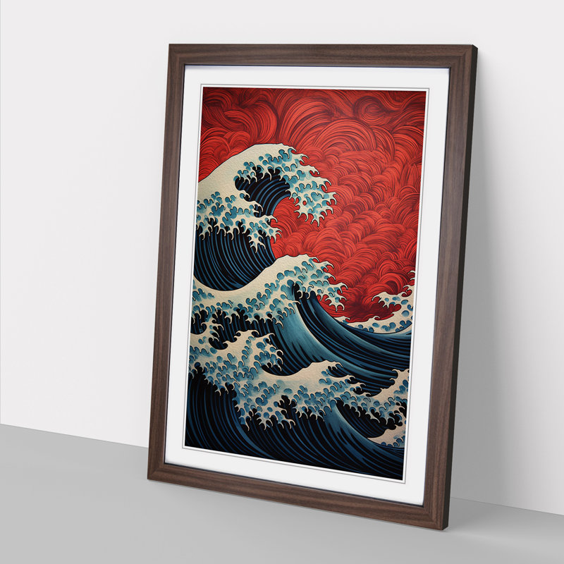 XYZ-FRM-V1223-6461 Wave Japanese Geometric No.2 - Single Picture Frame Print on Wood, Walnut, 34cm H x 25cm W x 2cm D