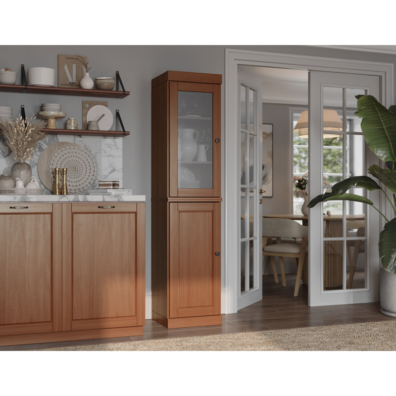 Garde-manger Jaylena 100% bois massif 16,5 po avec portes en verre massif dépoli et tablettes réglables, Moka