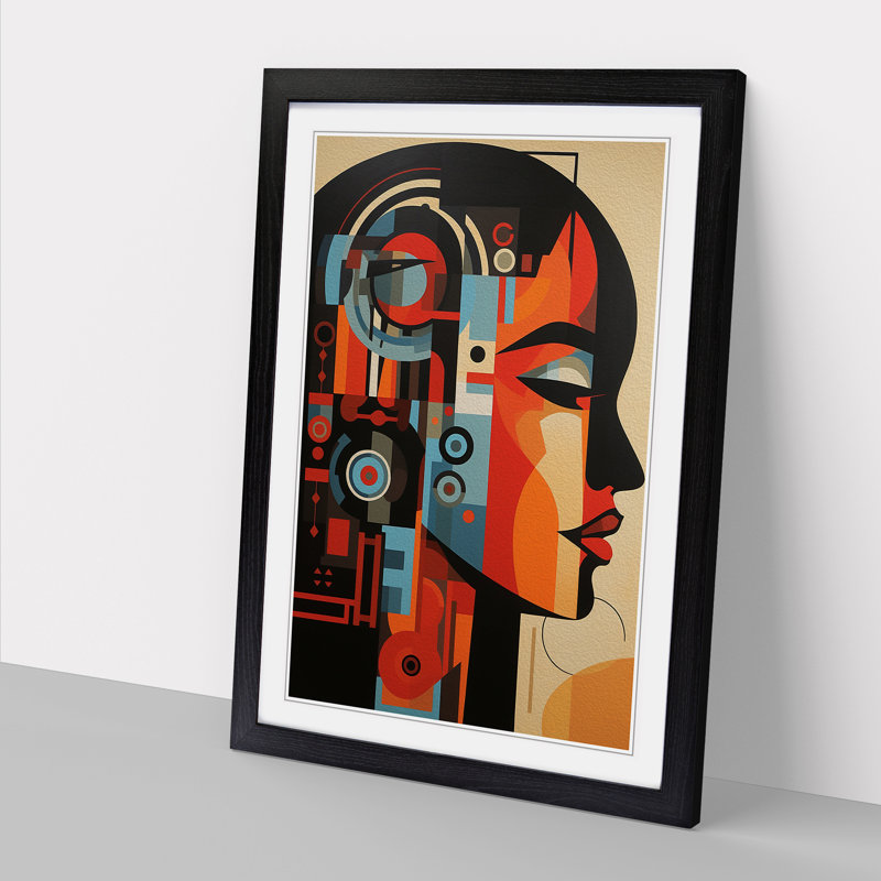 Indian Woman Constructivism No.3 - Single Picture Frame Print on Wood, 46cm H x 34cm W x 2cm D, Black 