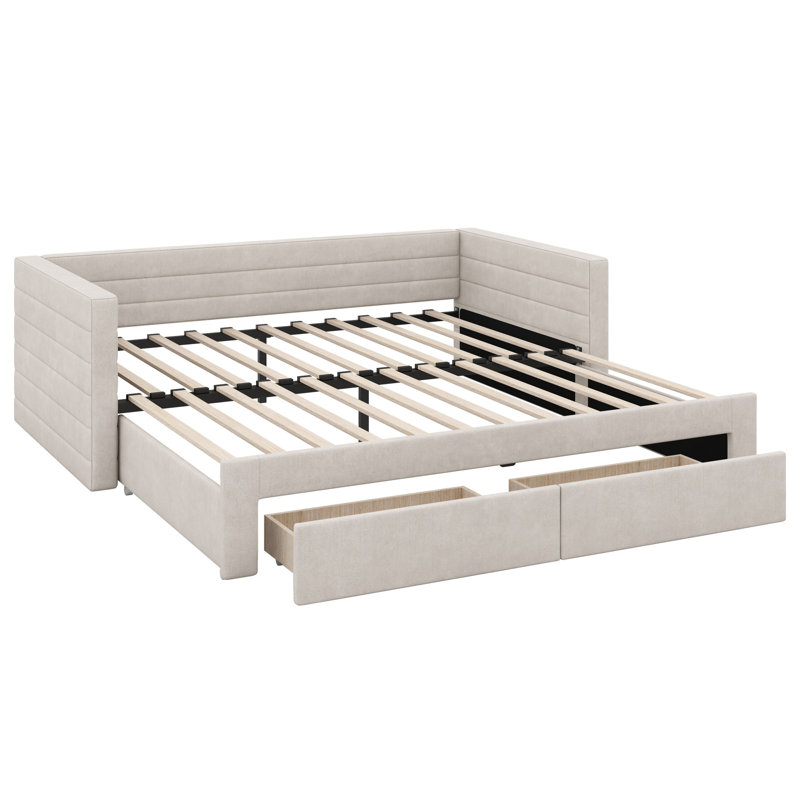 Structure de lit de jour rembourrée extensible avec lit gigogne, canapé-lit en tissu chenille peu encombrant, avec tiroirs de rangement pour le salon