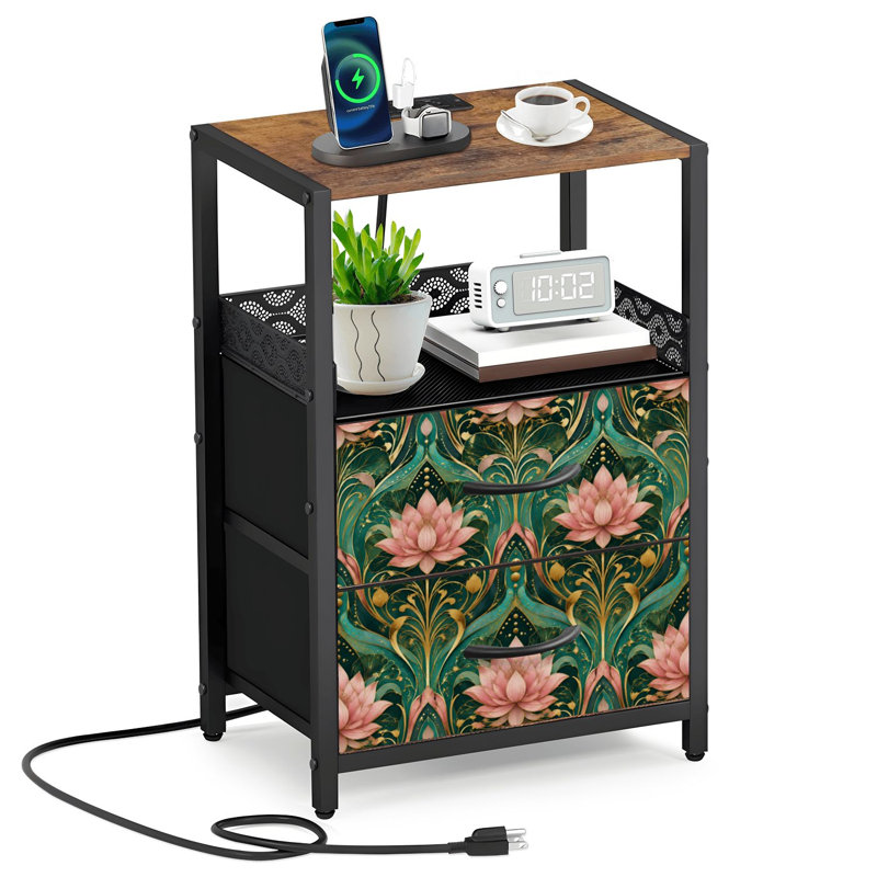 Table de chevet 2 tiroirs en tissu avec station de charge