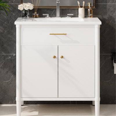 Meuble-lavabo de 31 po de couleur blanche, lavabo, fonction de fermeture en douceur, profil incurvé, cadre en bois d'hévéa, quincaillerie or mat, convient à tous les styles de tablettes intérieures réglables, forme, support,