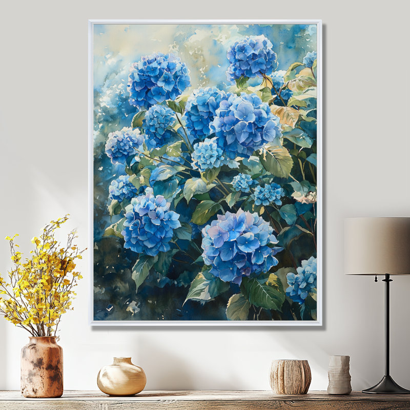 «Hydrangeas In The Summer Breeze I», reproduction d'art sur toile, 20" H x 12" W, Impression encadrée flottante, Blanc
