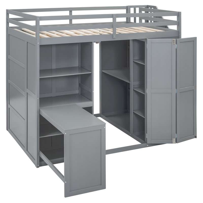 Lit mezzanine double avec garde-robe, bureau et tablettes, gris