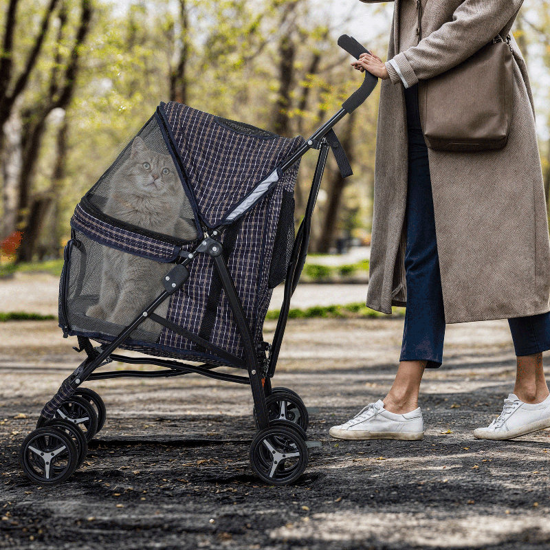 Plaid Steel Frame Foldable Pet Stroller with Rubber Wheels