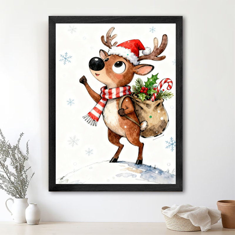 Noir rétro encadré noir de Noël, aquarelle drôle de cerf, impressions encadrées de style rétro, H 37 po x l 25 po