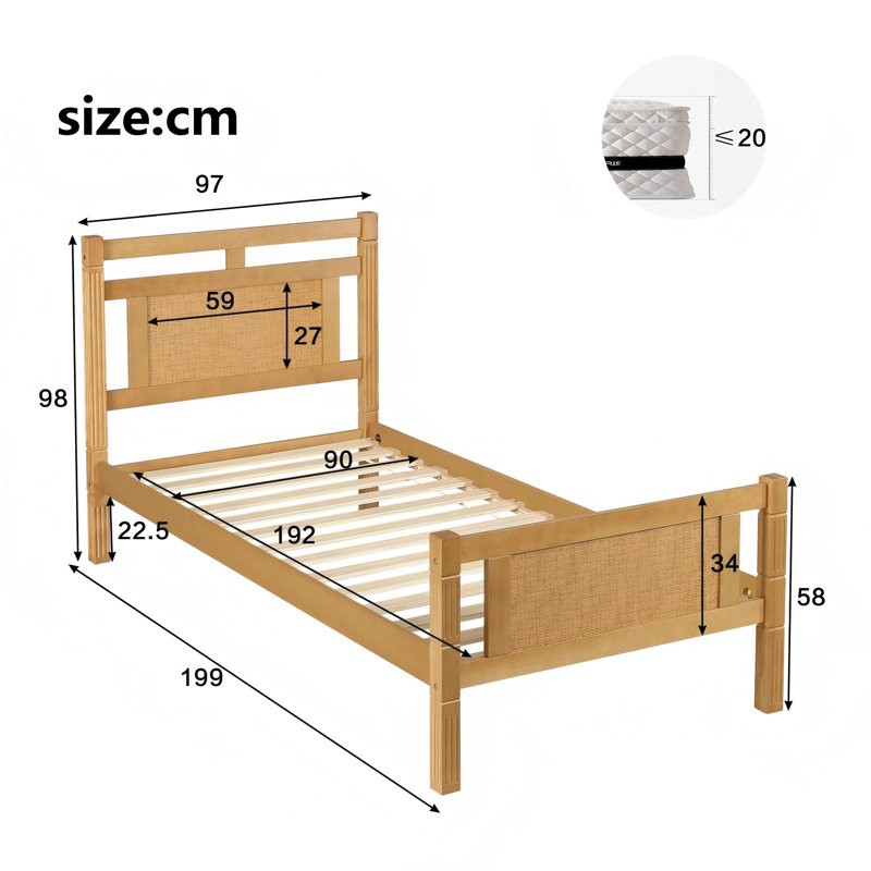 MDF Wooden Bed With Rattan Paper, Single (3')