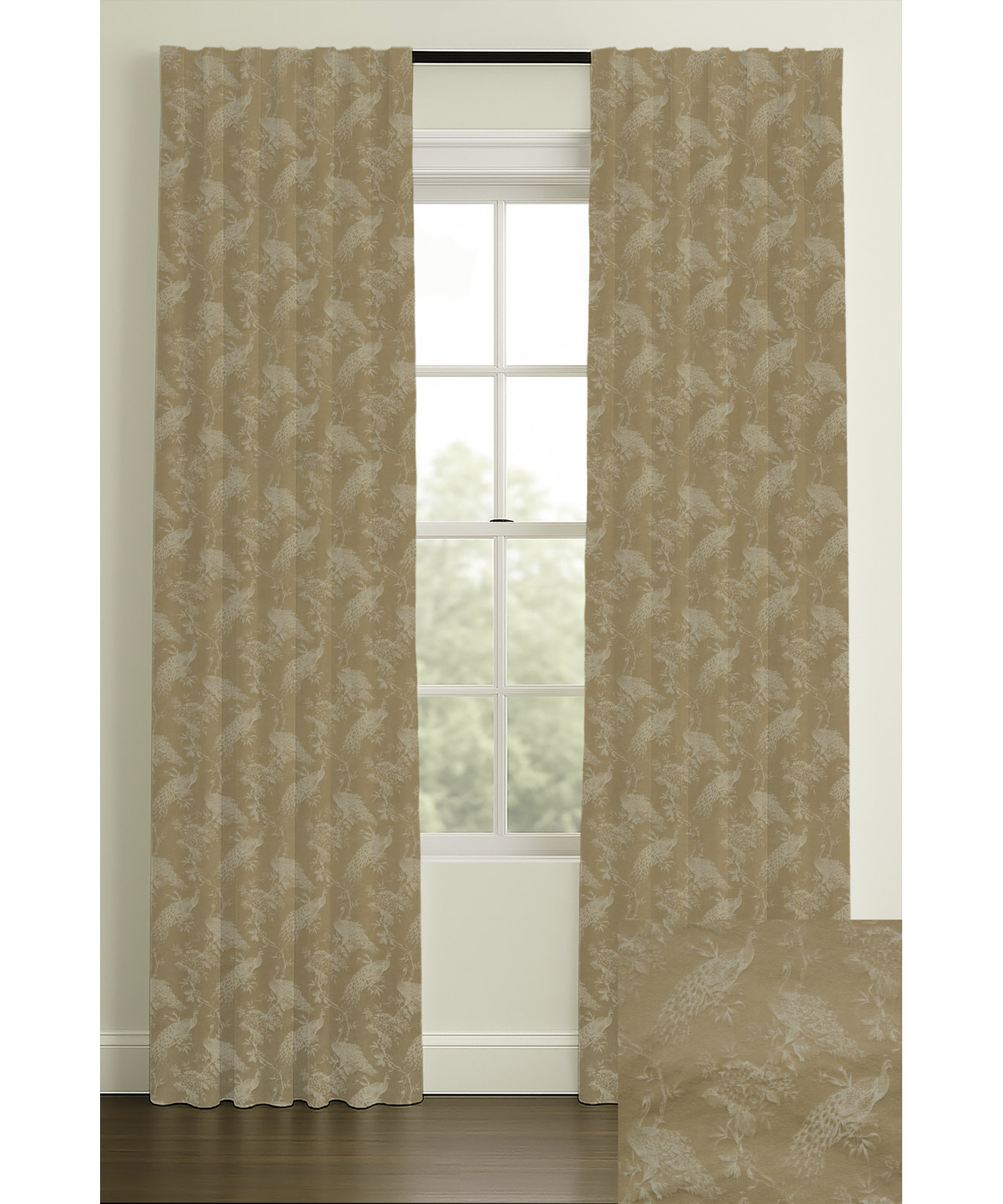 Serafina Peacock Jacquard Curtain in Parchment, Double, Rod Pocket, 50" W x 96" L