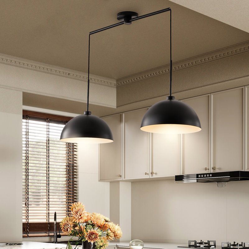 Adjustable Industrial 2-Light Pendant Dome Shade Design Matte Black, Matte Black