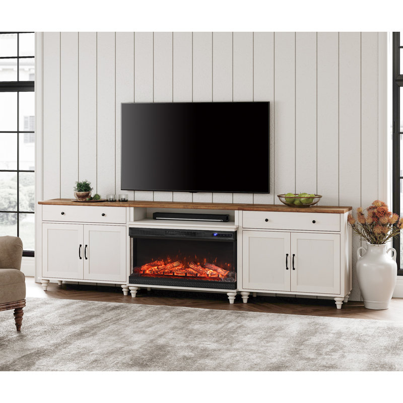 Corretta Farmhouse TV Stand With 36" Electric Fireplace For Tvs Up To 100'', Home Entertainment Center With 8 Storages For 75/80/85/90 Inch TV