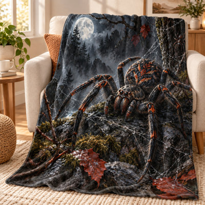 Misty Mountain Spider Web Blanket, Dark Forest Moon Scene Flannel Throw, Lightweight Cover for Sofa Chair Bed, Seasonal Accent for Living Room, 60 x 80 in