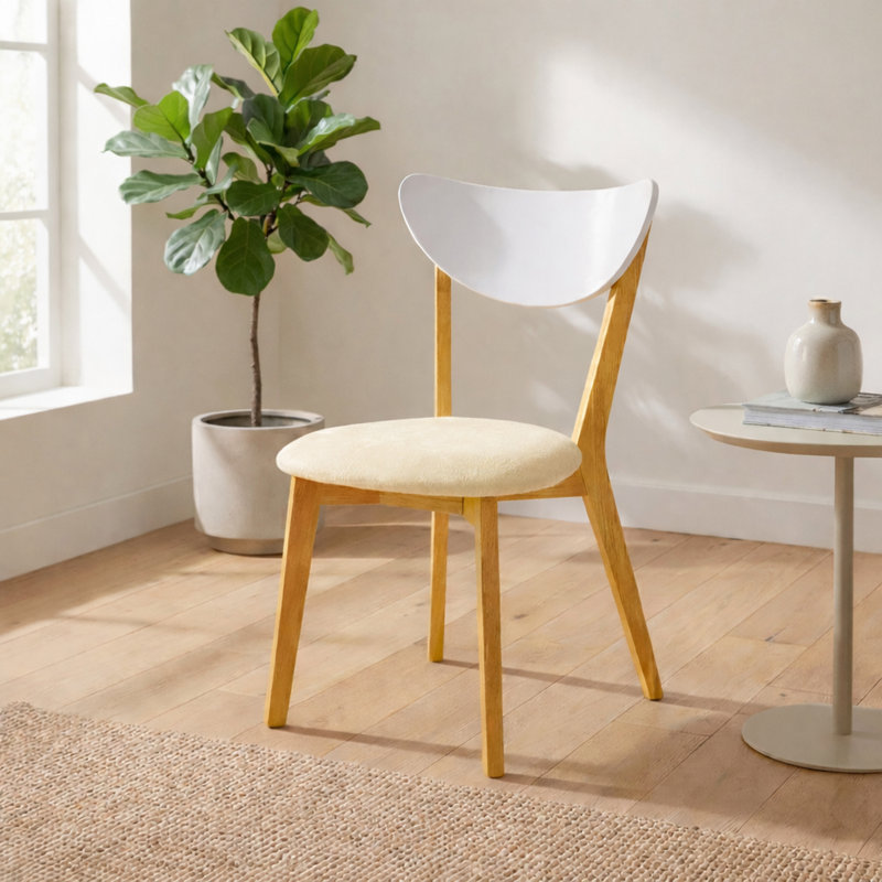 Ensemble de 2 chaises de salle à manger modernes Houtz, finition blanche / naturelle avec sièges rembourrés en polyester beige