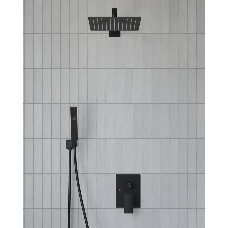 VIBRANTBATH Système de robinet de douche encastré à double tête noir mat 12 po avec inverseur bidirectionnel Abyssal Hush (soupape à pression équilibrée incluse)