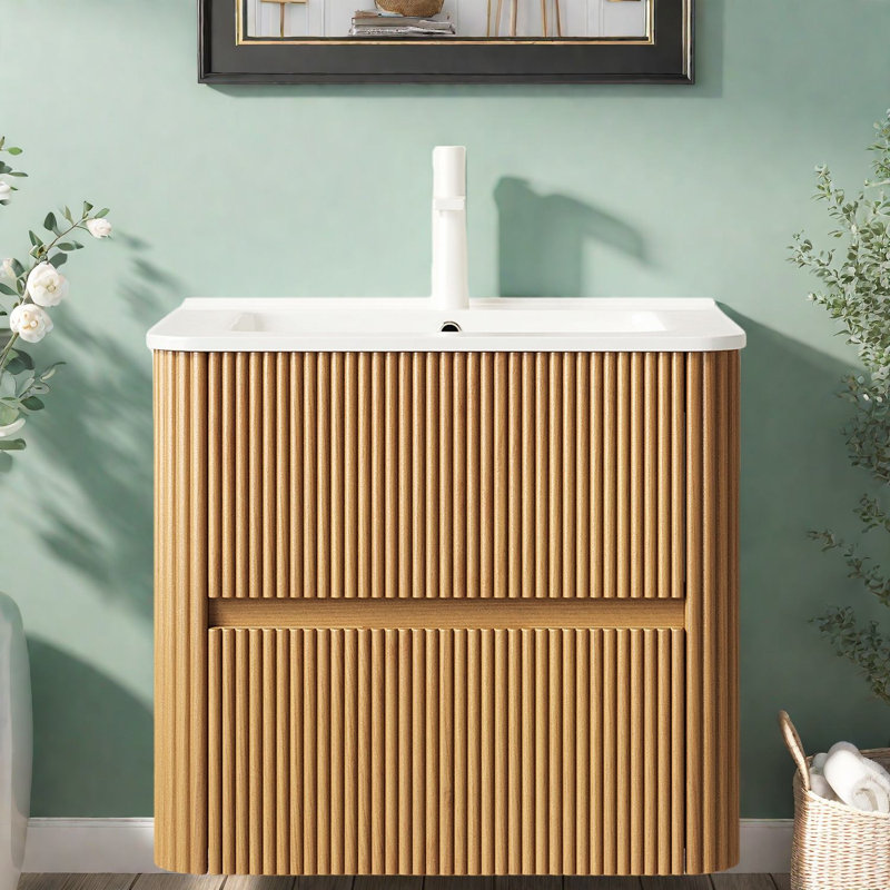 Meuble-lavabo mural moderne avec lavabo, grain de bois naturel, solution de rangement compacte