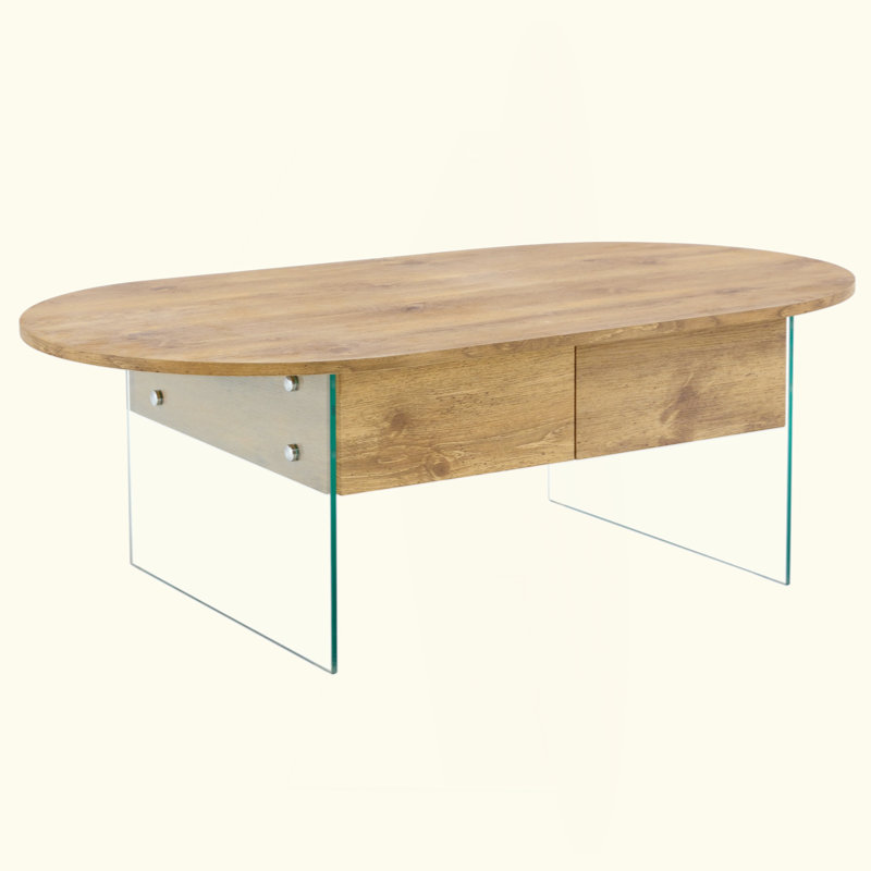 Cozy Natural Oval Double Drawer Coffee Table - Multi-Functional Design.Coffee table with double drawers. The board surface is MDF sticker, and both sides are transparent tempered glass.