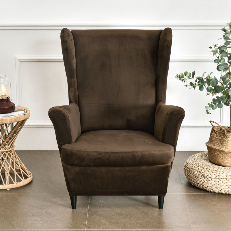 Housse pour fauteuil à oreilles extensible 2 pièces en velours doux, Café
