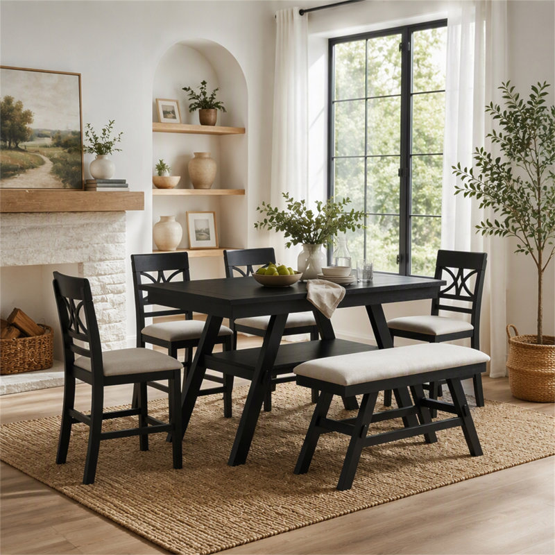 6-Piece Wood Counter Height Dining Table Set with Storage Shelf, Kitchen Table Set with Bench and 4 Chairs,Rustic Style Cushion