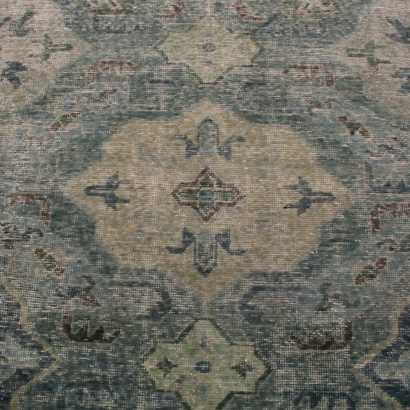 Rug & Kilim's Homage Geometric Floral Green And Blue Wool Custom Rug, Rectangle 5' x 8'