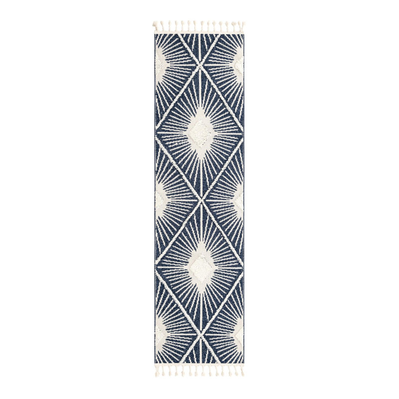 Geometric Machine Woven Runner 2'7 x 12' Polyester Area Rug in Blue, Runner 2'7" x 10'