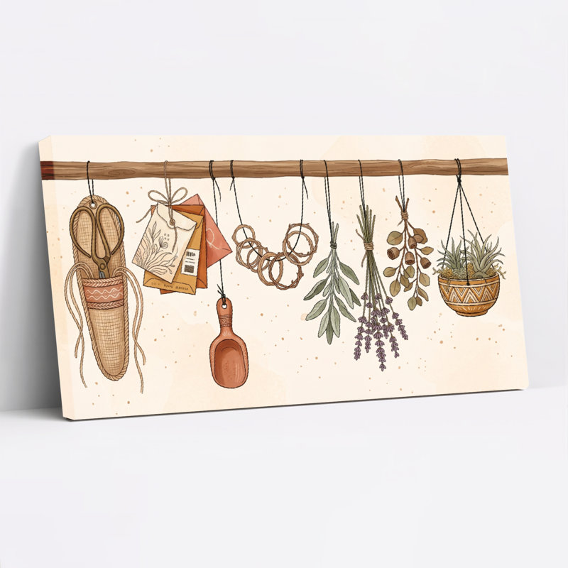Ensemble de 1 tableau sur toile représentant des outils d'herboristerie, 32“W x 16”H, Toile tendue