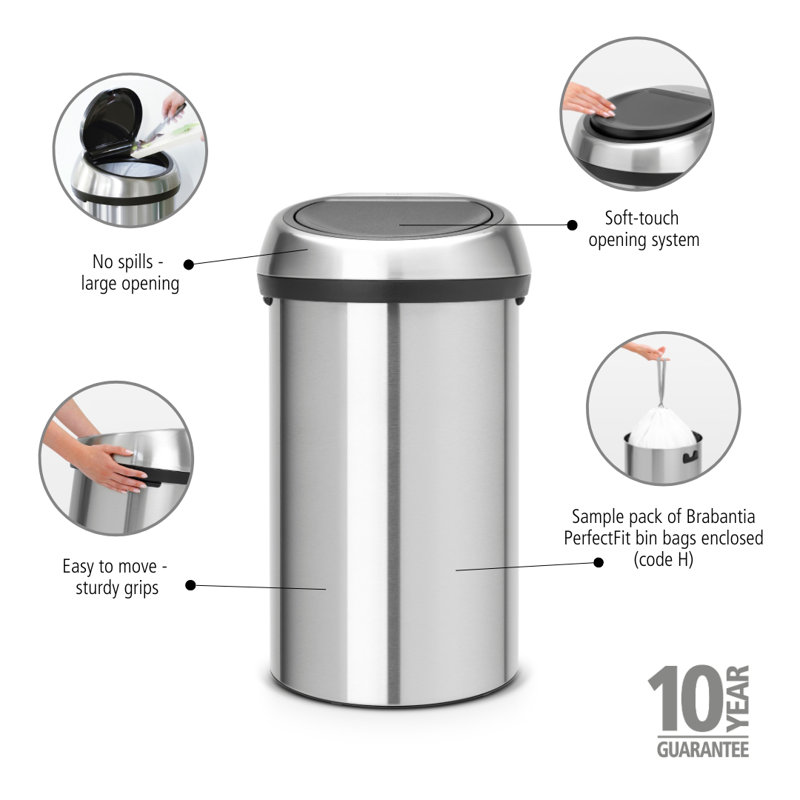 Brabantia 60 Litre Touch Bin, Matt Steel / Matt Steel