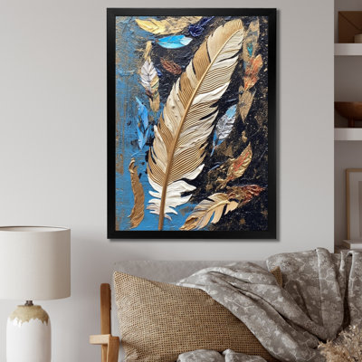Boho Glam Exquis or sur plume bleue, reproduction d'art sur toile