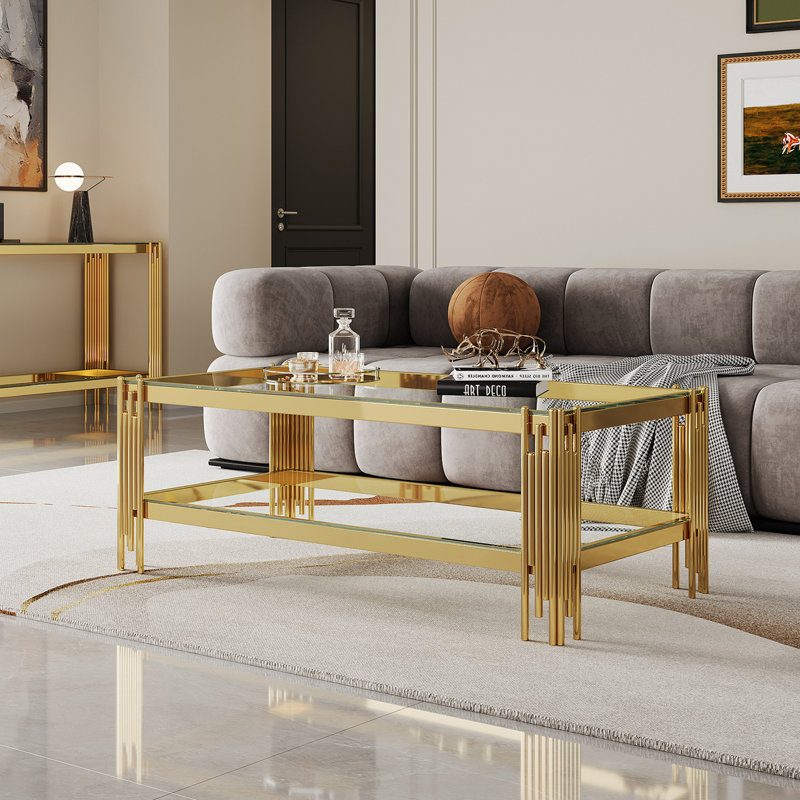 Table basse en verre trempé double couche supérieure et inférieure et cadre en acier inoxydable à miroir, Clair, Doré