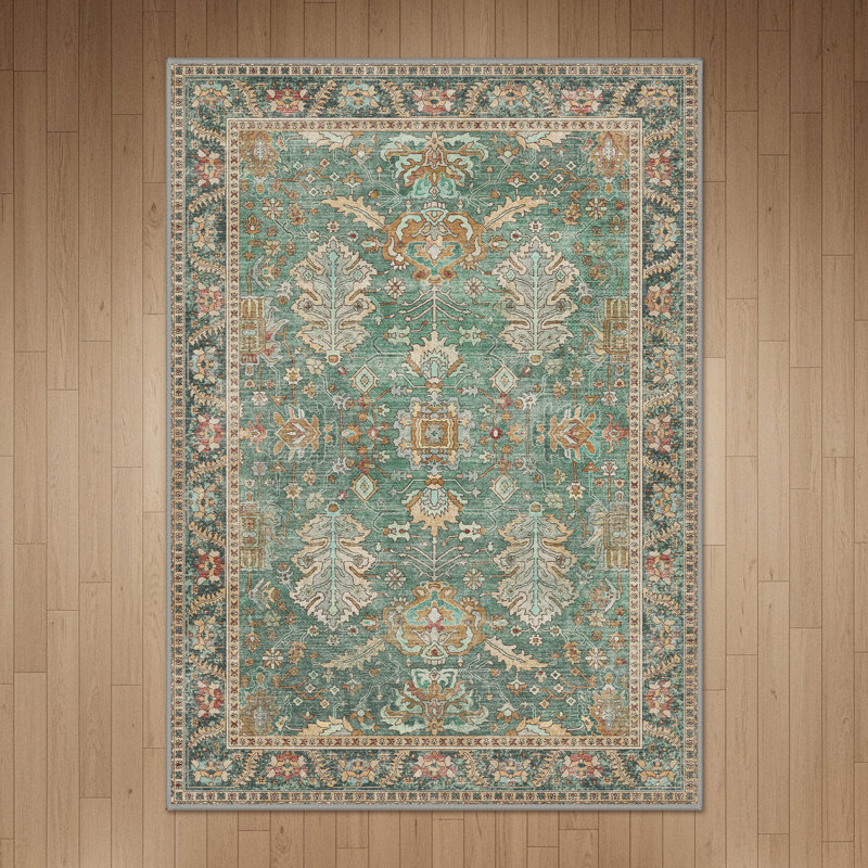 Tapis oriental délavé rétro lavable à la machine, tapis sauge antidérapant pour salon, animaux de compagnie et enfants, Vert