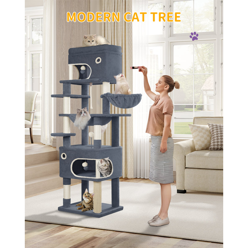 Cat Tree for Indoor Cats, Multi-layer Scratching Post with Large Platform, 2 Caves, 7 Sisal Posts, Pompoms, Cat Basket, Hammock, Suitable for Cats
