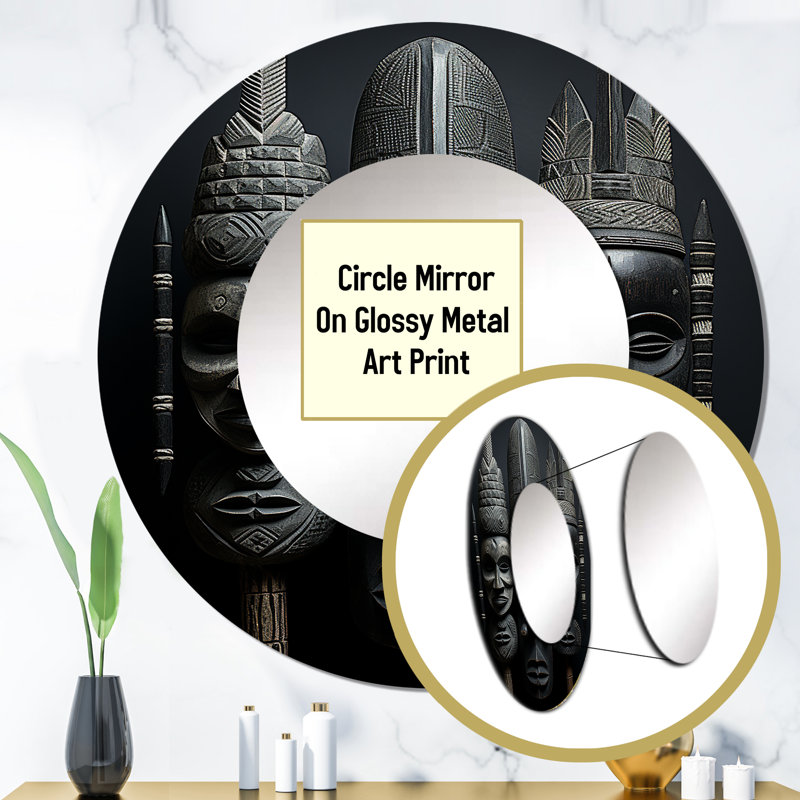 African Mask - African Mask Wall Mirror, Gray Round Decorative Mirror, Printed Metal Art, 29" x 29"