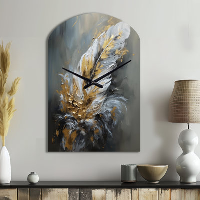 Gold Boho Chic Feathers IV - Glam Feather Asymmetrical Metal Wall Clock, Gold Arch Clock Print