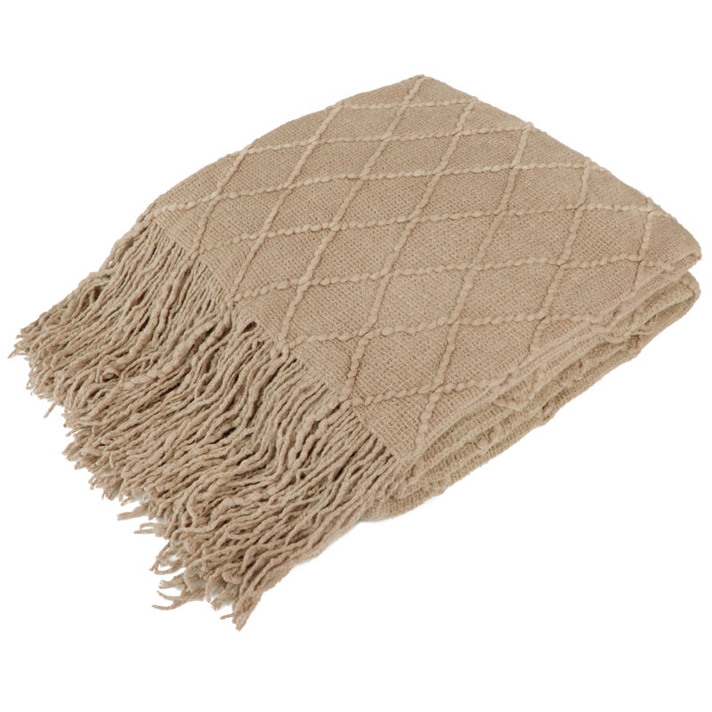Tan Taupe Knit Fleece Reversible Throw Blanket with Fringe
