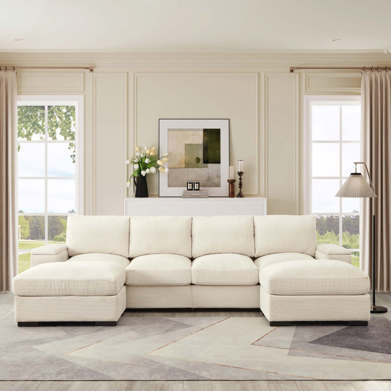 Canapé modulaire profond en velours côtelé avec 2 repose-pieds et rangement pour le salon, Beige