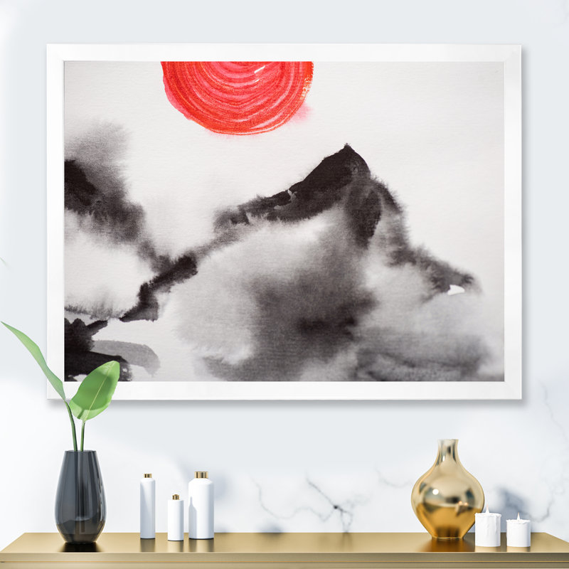 «Japanese with Hills and Red Sun» - Peinture sur toile, Cadre photo blanc, H 24 po x l 32 po