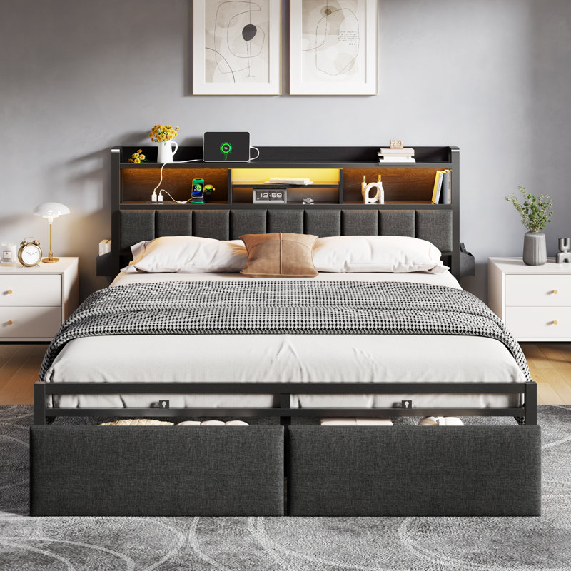 Bed Upholstered Adjustable Height with 3-Tier Shelf, RGB LED Light, Charging Ports, King