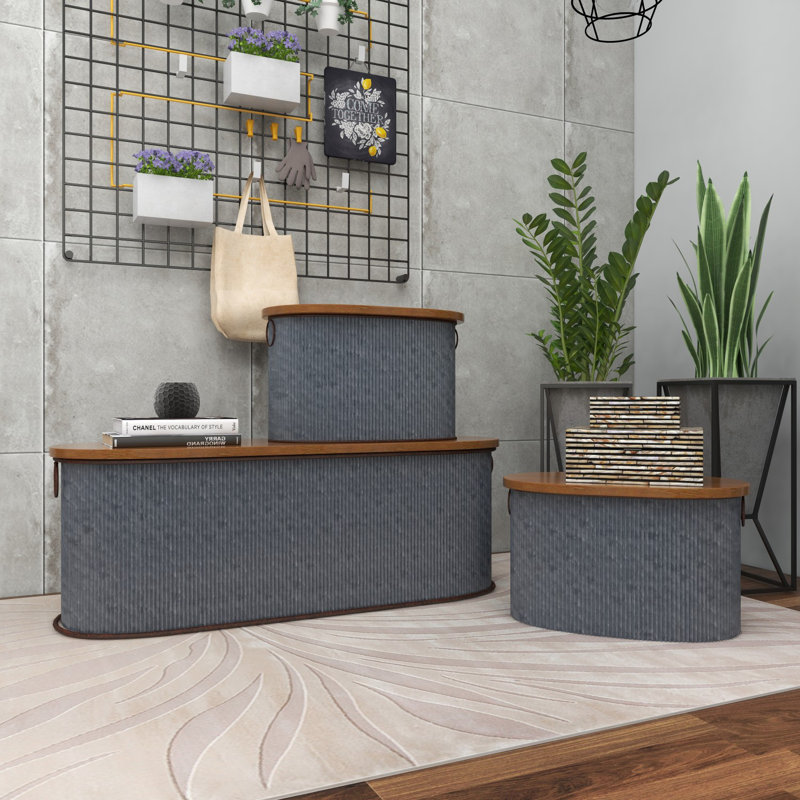 Metal Silver Storage Bench with Brown Wood Top Set