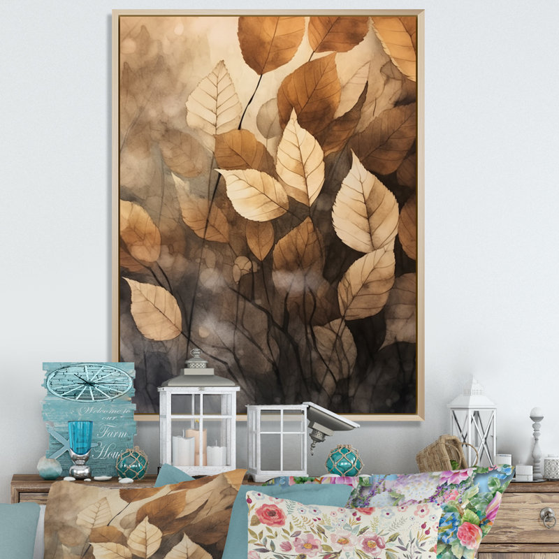 Art mural sur toile botanique, impression de feuille beige brun - Harmonie des feuilles beige brun, Cadre naturel flottant