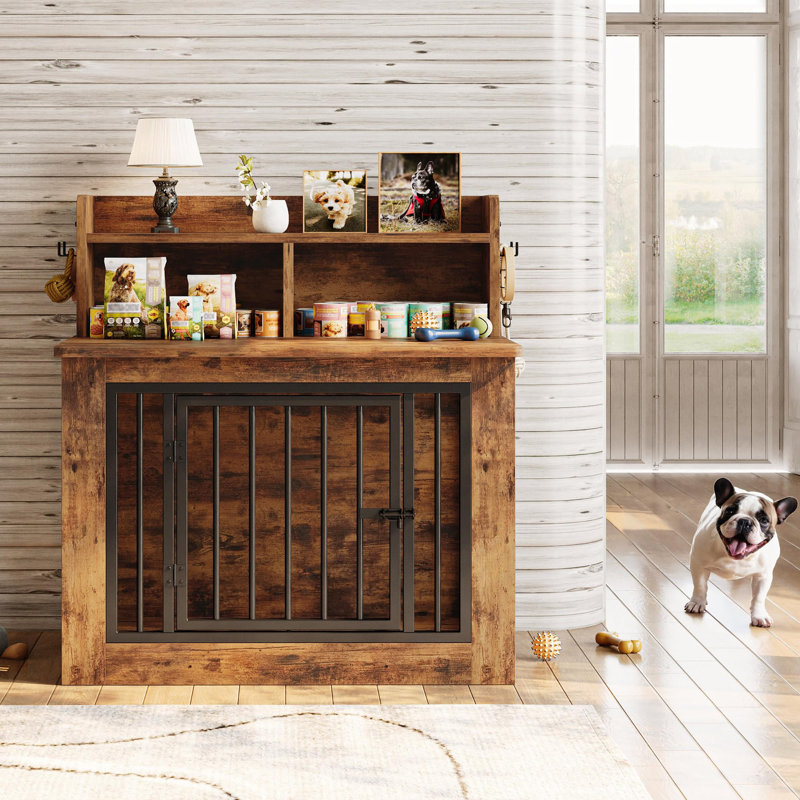 33.4 inches Wooden Small Dog Crate with Storage and 4 Hooks, Small (37.4" H x 33.4" W x 22" D), Brown