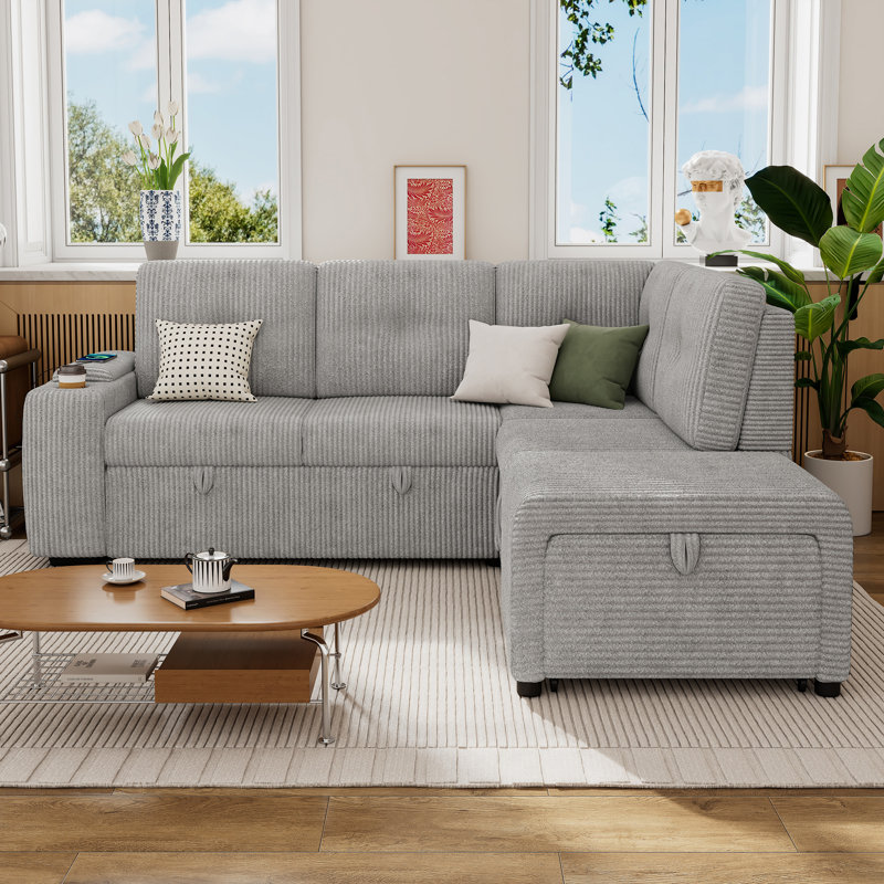 Canapé-lit modulaire en L de 94 po avec repose-pieds et tabouret mobile 94 po, Velours côtelé gris pâle