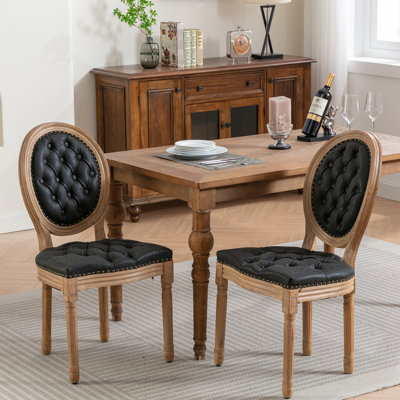 2pcs Dining Chair With Black Pu Leather, Solid Wood Legs, High Back Support, Decorative Rivets, Sw1839bk French Design Chairs, Of 2, Spring Cushion, Comfortable,