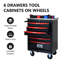 Chariot à outils multifonctionnel à 6 tiroirs avec roulettes, rangement pour chariot à outils roulant en métal pour atelier de garage - atelier de réparation d'entrepôt - avec toit en acier inoxydable - noir et rouge