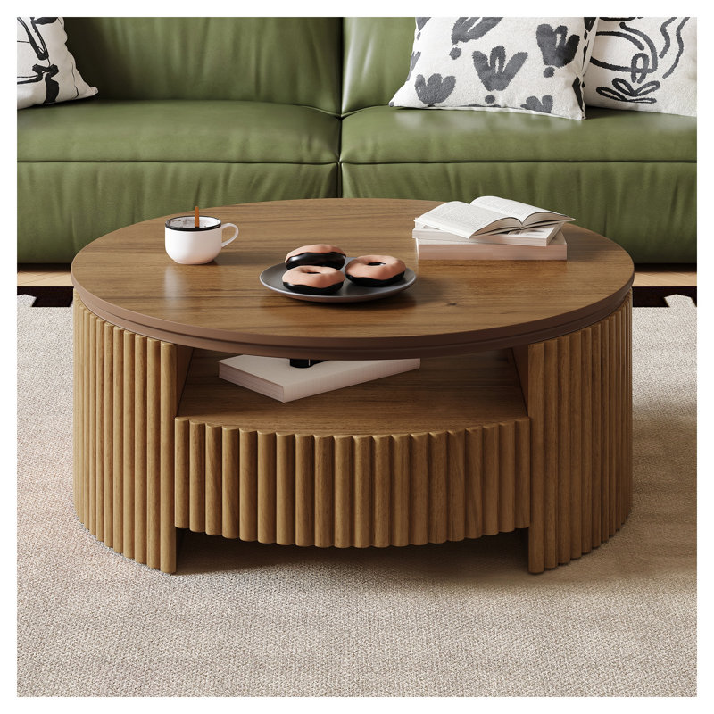 Table basse ronde en bois massif cannelé noyer avec tiroirs de rangement dissimulés, table basse tambour de style moderne du milieu du siècle